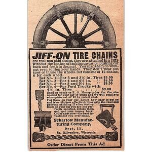 Jiff-On Tire Chains Schartow Mfg Co Milwaukee WI 1920 Ad AG2-M2